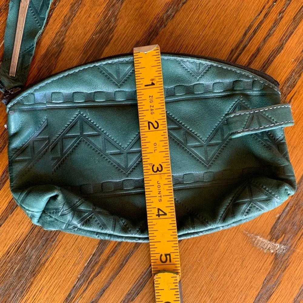 Vintage Green Leather Tooled Tribal Geometric Pouch Tassel Zipper